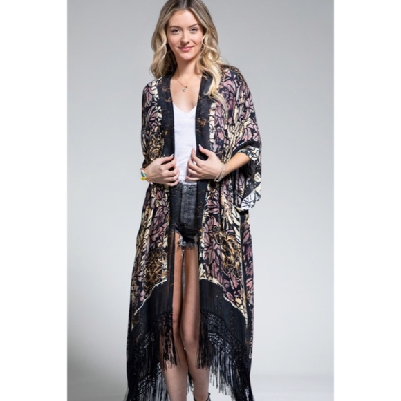 SOLD OUT Delphi Floral Motif Tassel Kimono Duster Full Long Maxi Length Coverup - Picture 3 of 4